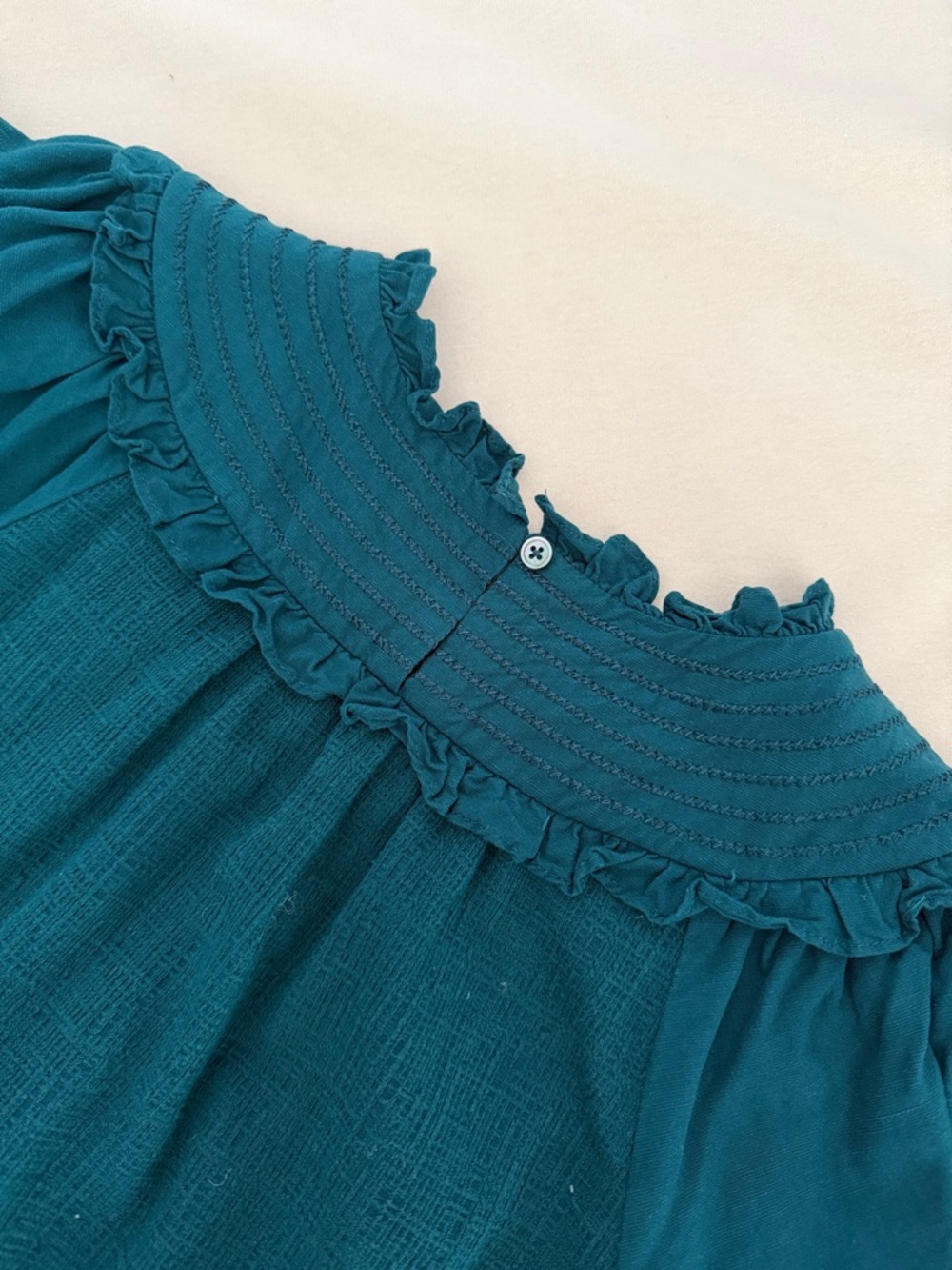 Anthropologie Teal Ruffle Yoke Puff Sleeve Blouse - Picture 4 of 6